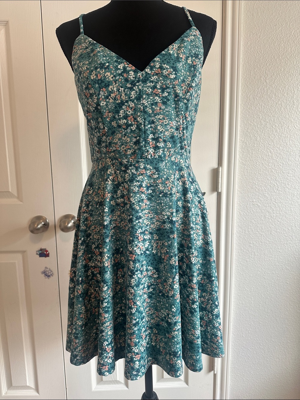 Floral Teal Fit-and-Flare Dress with Spaghetti Straps